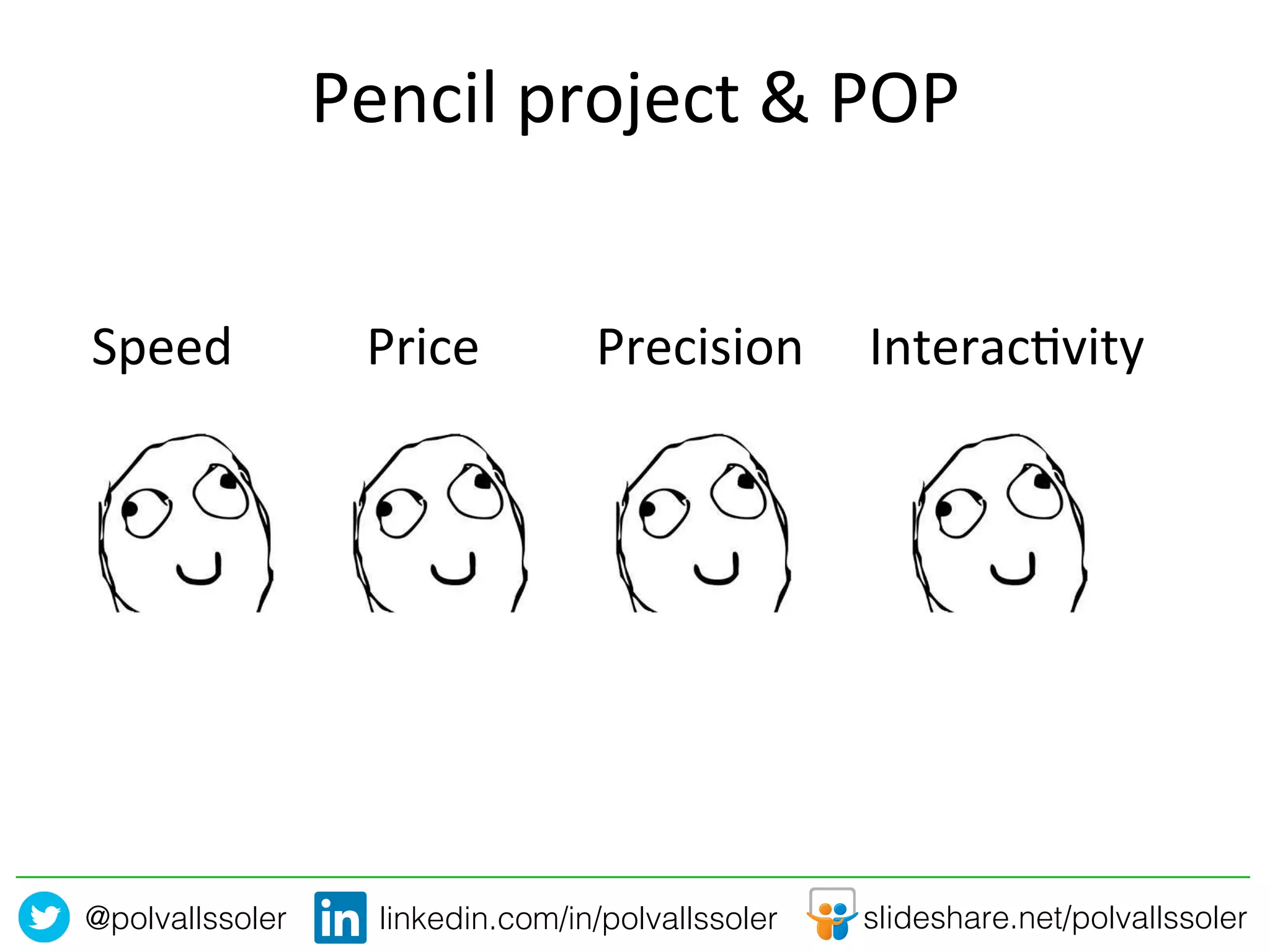 @polvallssoler! slideshare.net/polvallssoler!linkedin.com/in/polvallssoler!
Pencil	
  project	
  &	
  POP	
  
Speed	
   Price	
   Precision	
   Interac2vity	
  
 