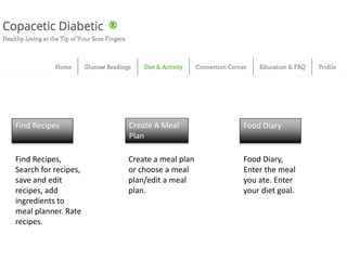 Create A Meal
Plan
Find Recipes Food Diary
Create a meal plan
or choose a meal
plan/edit a meal
plan.
Find Recipes,
Search for recipes,
save and edit
recipes, add
ingredients to
meal planner. Rate
recipes.
Food Diary,
Enter the meal
you ate. Enter
your diet goal.
 