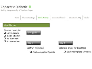 Day 2Day 1
Diet goals
Meal Planner
Planned meals list
 Lorem ipsum
 dolor sit amet
 ex eum ferri
 accusam men
Eat fruit with meal Eat more grains for breakfast
 Goal completed 5points  Goal incomplete -10points
 