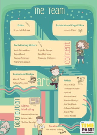 The Team
Jesh Krishna Murthy
Aryaa Naik Dalmiya
Contributing Writers
Lavanya Khare
Assistant and Copy Editor
Layout and Design
Artists
Kaniz Fatima Khan
Deepti Raavi
Raunaq Amarnani
Archana Rajagopal
Priyanka Garegat
Ekta Bhatnagar
Rituparna Chatterjee
Content
Amol Padwal
Shailendra Havane
Sujith VS
Rohini Dusane
Sitanshu Bhartiya
Atul Wankhade
Archana Rajagopal
Bharat Pillai
Tushar Rokade
Walmik Pawar
Kalpana Siromani
Dnyanesh Thombre
Prashant Kini
Shekhar Ramaiah
Digital
Marketing
Distribution
Creator
Editor
 