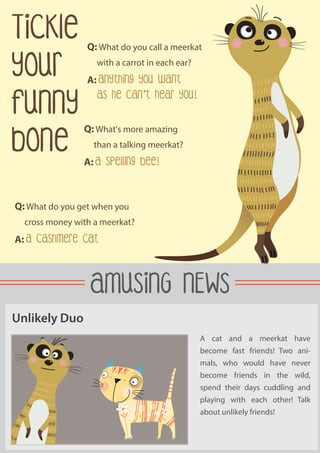 Tickle
your
funny
bone
Q: What do you get when you
cross money with a meerkat?
A: A Cashmere Cat
AMUSING NEWS
A cat and a meerkat have
become fast friends! Two ani-
mals, who would have never
become friends in the wild,
spend their days cuddling and
playing with each other! Talk
about unlikely friends!
Unlikely Duo
Q: What do you call a meerkat
with a carrot in each ear?
A: Anything you want
as he can't hear you!
Q: What's more amazing
than a talking meerkat?
A: A spelling bee!
 