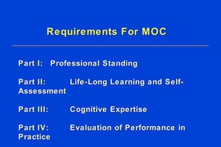 Requirements For MOC  Part I:  Professional Standing Part II:  Life-Long Learning and Self-Assessment Part III:  Cognitive Expertise Part IV:  Evaluation of Performance in Practice 