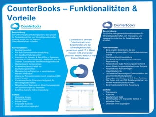 CounterBook’s zentrale
Datenbank wird vom
Einzelhändler und der
Mineralölgesellschaft
gemeinsam geteilt. D.h. Daten
müssen nicht aneinander
geschickt werden, wodurch man
Zeit und Geld spart.
Funktionalitäten:
• Benutzerfreundlich
• Für Multi-Stationsbetriebe einsatzfähig
• Ein Hauptbuchhaltungssystem
• Integration mit Kassen- & Back Office – Systemen
(EPOS/BOS), Rechnungen von Lieferanten- und von
anderen Transaktionen einer Mineralölgesellschaft
• Standardisierte Kontenrahmen
• Eine weitreichende Vielfalt von
Buchhaltungsberichten
• Mehrsprachig verfügbar und in verschiedenen
Märkten anwendbar
• Zugang zu Transaktionsdaten durch eingebaute Drill-
Down-Funktion
• Kundenspezifische Finanzberichte typisch für
Mineralölgesellschaften
• Möglichkeit zur Sperrung von Abrechnungsperioden
um Rückbuchungen zu vermeiden
• Eine Host-basierte Online-Anwendung
Vorteile:
• Reduzierte Kosten
• Benutzerfreundlich
• Präzise Daten
• Finanzielle Kontrolle
• Jederzeit online zugänglich
Funktionalitäten:
• Eine einzelne Datenbank, die die
Buchhaltungsdaten aller Einzelhandelsstationen
enthält
• Dashboard-Berichtserstattung
• Einhaltung von Einkaufsvorschriften und
Begutachtung
• Netzwerkweite G&V-Rechnungsübersicht mit
einem Abweichungsanalysebericht der Budgets
• Netzwerkweite Reinvermögen-/
Liquiditätsberichte.
• Umfassende Datenanalyse-/Datenextraktion der
gesamten Buchhaltungsdaten.
• Zugang zu allen Seiten mit Drill-Down-Funktion.
• Alle Daten sind nach MS Excel exportierbar, um
weitere Analysen durchzuführen.
• Eine Host-basierte Online-Anwendung
Vorteile:
• Transparenz
• Kontrolle
• Spart Zeit und Geld
• Benchmarking und finanzieller Einblick in
aktuellste Daten
• Jederzeit online zugänglich
CounterBooks – Funktionalitäten &
Vorteile
Beschreibung:
Ein Online-Hauptbuchhaltungssystem, das speziell
für Tankstellenpächter von Mineralölgesellschaften
angelegt wurde, um bei täglichen
Geschäftsverfahren zu helfen.
Beschreibung:
Ein Online-Managementinformationssystem für
Mineralölgesellschaften, um Transparenz und
bessere Kontrolle über ihr Retail-Netzwerk zu
erhalten.
 