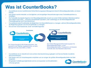 • CounterBooks ist eine marktführende Online-Rechnungswesen-Management-Suite für Mineralölgesellschaften und deren
Pächter.
• Das System wurde entwickelt, um die täglichen und einzigartigen Herausforderungen eines Tankstellenpächters zu
bewältigen.
• Die Tankstelle ist entweder Eigentum der Mineralölgesellschaft und wird von einem Dritten betrieben (Betriebsmodell ist
auch bekannt als"Co/Do„ - „Company-owned/Dealer-operated”), oder unabhängig von der Mineralölgesellschaft
(Tankstellenpächter sind Franchisenehmer).
• CounterBooks bietet Einzelhändler die Möglichkeit, ihre Geschäftsfinanzen zu managen, während Mineralölgesellschaften
die Möglichkeit geboten wird Ihre Einzelhändler zu managen.
• Die auf einer Cloud-basierende „Suite” beinhaltet folgendes:
• CounterBooks ist von überall durch eine sichere Internetverbindung zugänglich und hat eine flexible monatliche
Abonnementstruktur.
• Das System wird von Industrieexperten empfohlen und von einigen der größten Mineralölgesellschaften der Welt
eingesetzt.
• Mit globalen Aufstellungsmöglichkeiten wird es von tausenden von Einzelhändlern
in Europa genutzt.
Was ist CounterBooks?
Ein Online-Hauptbuch-Buchhaltungssystem, das
speziell für den Pächter angelegt wurde, um beim
Management des Geschäfts zu helfen.
Ein Online-Managementinformationssystem für
Mineralölgesellschaften, in dem
Mineralölgesellschaften Transparenz und bessere
Kontrolle über das Netzwerk bekommen.
Online-Buchhaltungssystem für den
Einzelhändler
Einzelhändler
Mineralölgesellschaft
Managementinformationssystem für den
Einzelhandel
 