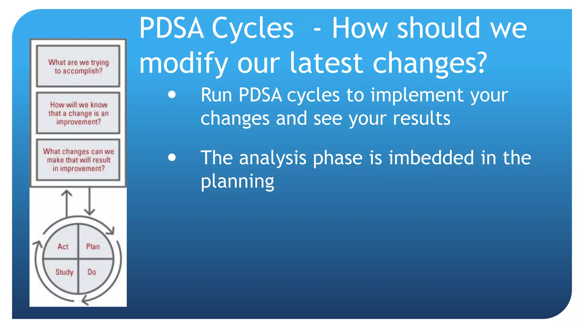 PDSA Cycles - How should we
modify our latest changes?
 Run PDSA cycles to implement your
changes and see your results
 The analysis phase is imbedded in the
planning
 