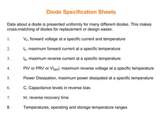 Data about a diode is presented uniformly for many different diodes. This makes
cross-matching of diodes for replacement or design easier.
1. VF, forward voltage at a specific current and temperature
2. IF, maximum forward current at a specific temperature
3. IR, maximum reverse current at a specific temperature
4. PIV or PRV or V(BR), maximum reverse voltage at a specific temperature
5. Power Dissipation, maximum power dissipated at a specific temperature
6. C, Capacitance levels in reverse bias
7. trr, reverse recovery time
8. Temperatures, operating and storage temperature ranges
Diode Specification Sheets
 