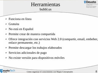 Herramientas
bubbl.us

Funciona en línea
Gratuita
No está en Español
Permite crear de manera compartida
Ofrece integración con servicios Web 2.0 (compartir, email, embeber,
enlace permanente, etc.)
Permite descargar los trabajos elaborados
Servicios adicionales de pago
No existe versión para dispositivos móviles

Cómo organizar el conocimiento con Mapas Conceptuales

8

 