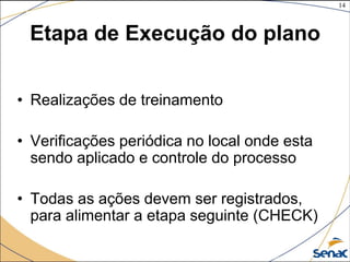14
©The McGraw-Hill Companies, Inc., 2004
Etapa de Execução do plano
• Realizações de treinamento
• Verificações periódica no local onde esta
sendo aplicado e controle do processo
• Todas as ações devem ser registrados,
para alimentar a etapa seguinte (CHECK)
 