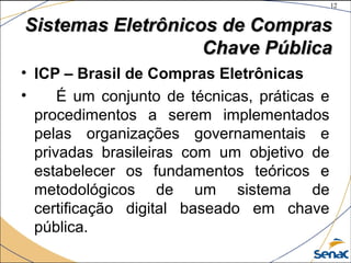12
©The McGraw-Hill Companies, Inc., 2004
Sistemas Eletrônicos de ComprasSistemas Eletrônicos de Compras
Chave PúblicaChave Pública
• ICP – Brasil de Compras Eletrônicas
• É um conjunto de técnicas, práticas e
procedimentos a serem implementados
pelas organizações governamentais e
privadas brasileiras com um objetivo de
estabelecer os fundamentos teóricos e
metodológicos de um sistema de
certificação digital baseado em chave
pública.
 