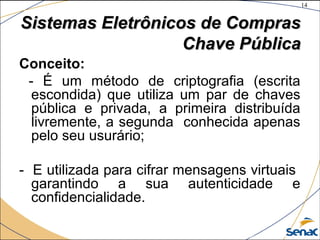 14
©The McGraw-Hill Companies, Inc., 2004
Sistemas Eletrônicos de ComprasSistemas Eletrônicos de Compras
Chave PúblicaChave Pública
Conceito:
- É um método de criptografia (escrita
escondida) que utiliza um par de chaves
pública e privada, a primeira distribuída
livremente, a segunda conhecida apenas
pelo seu usurário;
- E utilizada para cifrar mensagens virtuais
garantindo a sua autenticidade e
confidencialidade.
 