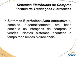 18
©The McGraw-Hill Companies, Inc., 2004
Sistemas Eletrônicos de ComprasSistemas Eletrônicos de Compras
Formas de Transações EletrônicasFormas de Transações Eletrônicas
• Sistemas Eletrônicos Auto-executáveis,
combina automaticamente em base
continua as intenções de compras e
vendas. Nestes sistemas acontece o
tempo todo leilões bidirecionais.
 