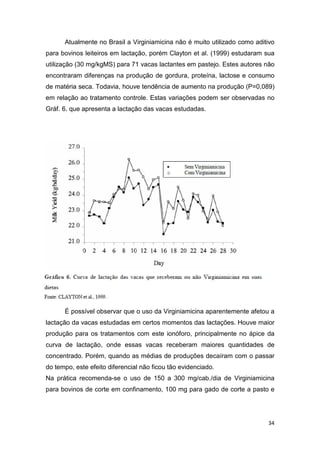 34
Atualmente no Brasil a Virginiamicina não é muito utilizado como aditivo
para bovinos leiteiros em lactação, porém Clayton et al. (1999) estudaram sua
utilização (30 mg/kgMS) para 71 vacas lactantes em pastejo. Estes autores não
encontraram diferenças na produção de gordura, proteína, lactose e consumo
de matéria seca. Todavia, houve tendência de aumento na produção (P=0,089)
em relação ao tratamento controle. Estas variações podem ser observadas no
Gráf. 6. que apresenta a lactação das vacas estudadas.
É possível observar que o uso da Virginiamicina aparentemente afetou a
lactação da vacas estudadas em certos momentos das lactações. Houve maior
produção para os tratamentos com este ionóforo, principalmente no ápice da
curva de lactação, onde essas vacas receberam maiores quantidades de
concentrado. Porém, quando as médias de produções decaíram com o passar
do tempo, este efeito diferencial não ficou tão evidenciado.
Na prática recomenda-se o uso de 150 a 300 mg/cab./dia de Virginiamicina
para bovinos de corte em confinamento, 100 mg para gado de corte a pasto e
 