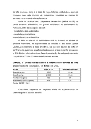 9
de alta produção, como é o caso de vacas leiteiras estabuladas e garrotes
precoces, quer seja oriundos de cruzamentos industriais ou mesmo de
zebuinos puros, mas de alta performance.
A niacina participa como componente da coenzima (NAD e NADP), de
vários sistemas enzimáticos, de grande importância no metabolismo do
ruminante, entre os quais pode-se citar:
- metabolismo dos carboidratos;
- metabolismo dos lipídeos;
- metabolismo dos aminoácidos.
O efeito da niacina no metabolismo está no aumento da síntese da
proteína microbiana, na digestibilidade da celulose e dos ácidos graxos
voláteis, principalmente o ácido propiônico. No caso dos bovinos de corte em
confinamento, sugere-se a suplementação quando a taxa de ganho for superior
a 1,50 Kg/dia, principalmente na fase de adaptação do gado particularmente
nos primeiros 21 dias do encerramento desses animais.
QUADRO 5 - Efeitos da niacina sobre a performance de bovinos de corte
em confinamento (adaptação) , em dietas com uréia.
ITENS CONTROLE NIACINA (70 mg/dia)
Peso inicial (Kg) 198,60 193,30
Peso final (Kg) 216,00 219,00
Ganho diário (g/dia) 600 690
Conversão (Kg MS/Kg ganho) 8.98 6,41
Fonte: BIERS (1981)
Concluindo, sugere-se os seguintes níveis de suplementação de
vitaminas para os bovinos de corte:
 