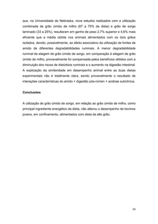 24
que, na Universidade de Nebraska, nove estudos realizados com a utilização
combinada de grão úmido de milho (67 a 75% da dieta) e grão de sorgo
laminado (33 a 25%), resultaram em ganho de peso 2,7% superior e 4,6% mais
eficiente que a média obtida nos animais alimentados com os dois grãos
isolados, devido, possivelmente, ao efeito associativo da utilização de fontes de
amido de diferentes degradabilidades ruminais. A menor degradabilidade
ruminal da silagem de grão úmido de sorgo, em comparação à silagem de grão
úmido de milho, provavelmente foi compensada pelos benefícios obtidos com a
diminuição dos riscos de distúrbios ruminais e o aumento na digestão intestinal.
A explicação da similaridade em desempenho animal entre as duas dietas
experimentais não é totalmente clara, sendo provavelmente o resultado de
interações características do amido × digestão pós-rúmen × acidose subclínica.
Conclusões
A utilização de grão úmido de sorgo, em relação ao grão úmido de milho, como
principal ingrediente energético da dieta, não alterou o desempenho de bovinos
jovens, em confinamento, alimentados com dieta de alto grão.
 