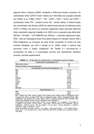 4
segundo Silva e Queiroz (2002), corrigindo o FDN para cinzas e proteína. Os
carboidratos totais (CHOT) foram obtidos por intermédio da equação descrita
por Sniffen et al. (1992): CHOT = 100 - (%PB + %EE + %CZ); que CHOT –
carboidratos totais; PB – proteína bruta; EE - extrato etéreo. A determinação
dos carboidratos não fibrosos (CNF) foi determinada através da diferença entre
CHOT e FDNcp. Os teores de nutrientes digestíveis totais estimado (NDTest)
foram calculados segundo Capelle et al. (2001) com a equação para dieta total.
NDTest = 91,0246 – 0,571588FDN que NDTest – nutrientes digestíveis totais;
FDN – fibra em detergente ácido Para determinação do indicador interno, MS e
FDN indigestível, as amostras da dieta foram incubados no rúmen de dois
novilhos fistulados, por 240 h (Casali et al., 2008), tendo o resíduo sido
assumido como a fração indigestível. Na Tabela 2.1 encontram-se a
composição da dieta e a composição química dos ingredientes utilizados
durante o período experimental.
 