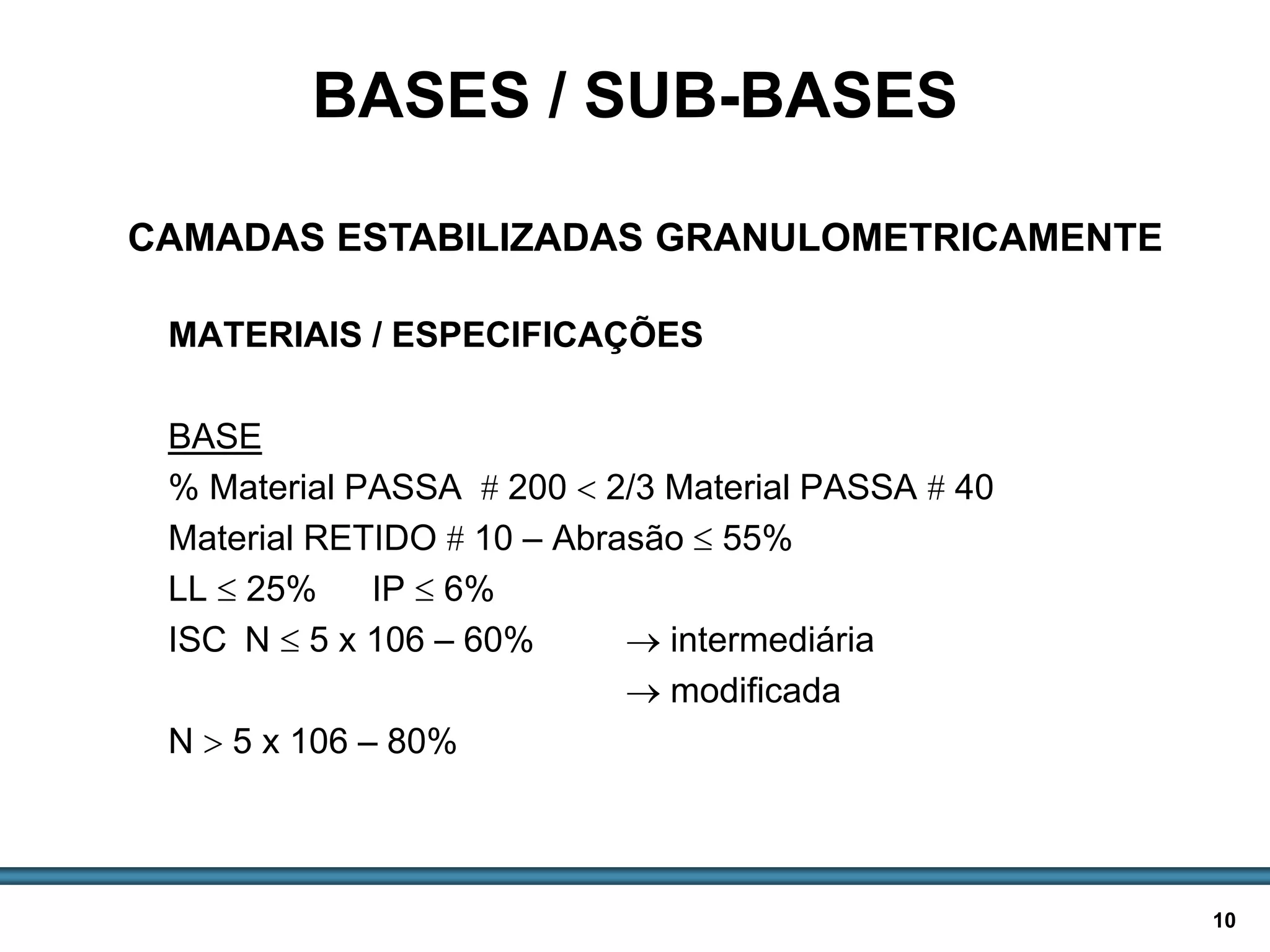 BASES E SUB-BASES / 10
MATERIAIS / ESPECIFICAÇÕES
BASE
% Material PASSA  200  2/3 Material PASSA  40
Material RETIDO  10 – Abrasão  55%
LL  25% IP  6%
ISC N  5 x 106 – 60%  intermediária
 modificada
N  5 x 106 – 80%
BASES / SUB-BASES
CAMADAS ESTABILIZADAS GRANULOMETRICAMENTE
 
