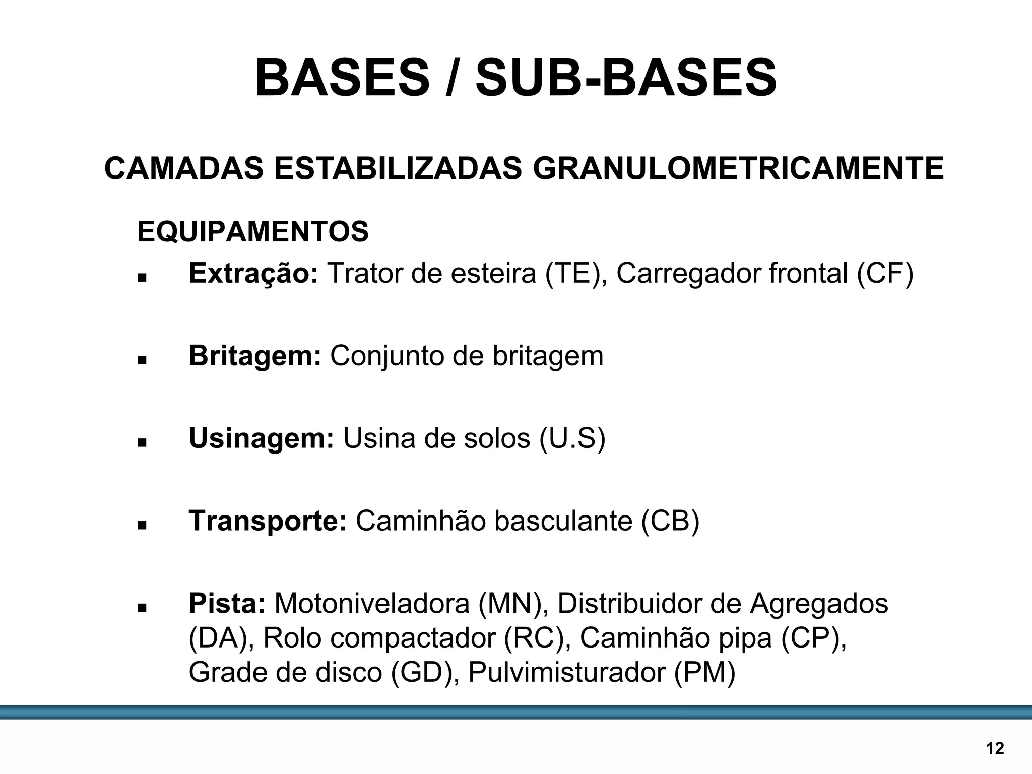 BASES E SUB-BASES / 12
EQUIPAMENTOS
 Extração: Trator de esteira (TE), Carregador frontal (CF)
 Britagem: Conjunto de britagem
 Usinagem: Usina de solos (U.S)
 Transporte: Caminhão basculante (CB)
 Pista: Motoniveladora (MN), Distribuidor de Agregados
(DA), Rolo compactador (RC), Caminhão pipa (CP),
Grade de disco (GD), Pulvimisturador (PM)
BASES / SUB-BASES
CAMADAS ESTABILIZADAS GRANULOMETRICAMENTE
 