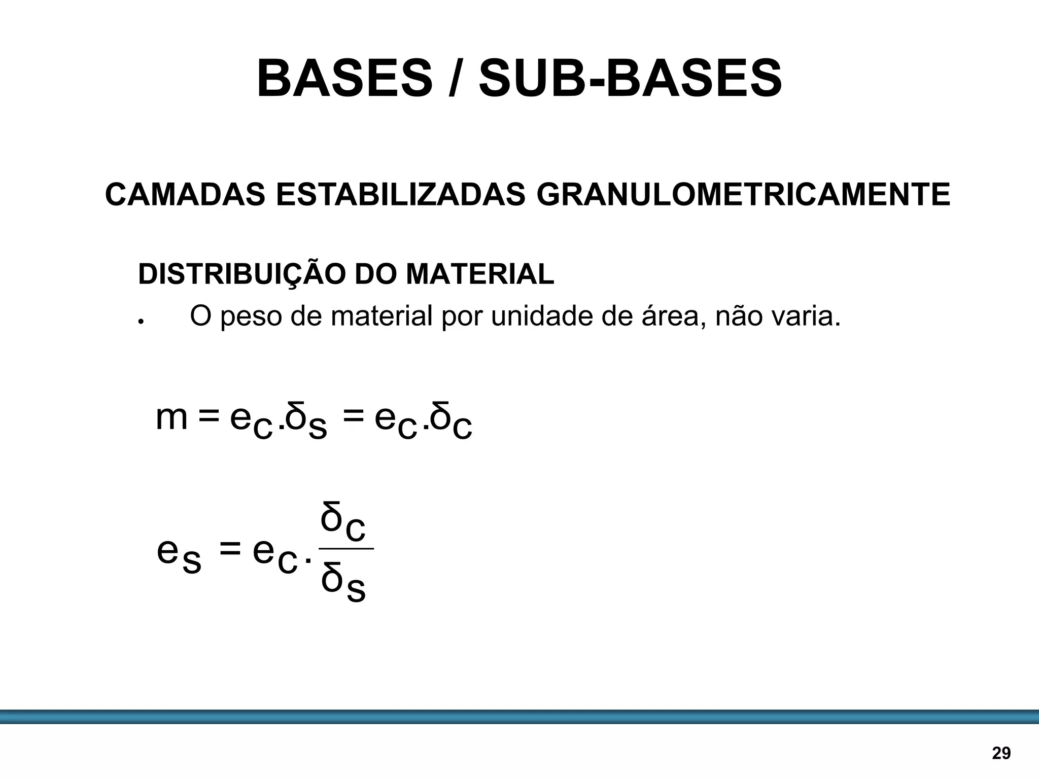 BASES E SUB-BASES / 29
DISTRIBUIÇÃO DO MATERIAL
 O peso de material por unidade de área, não varia.
BASES / SUB-BASES
CAMADAS ESTABILIZADAS GRANULOMETRICAMENTE
cδ.ce=sδ.ce=m
sδ
cδ
.ce=se
 