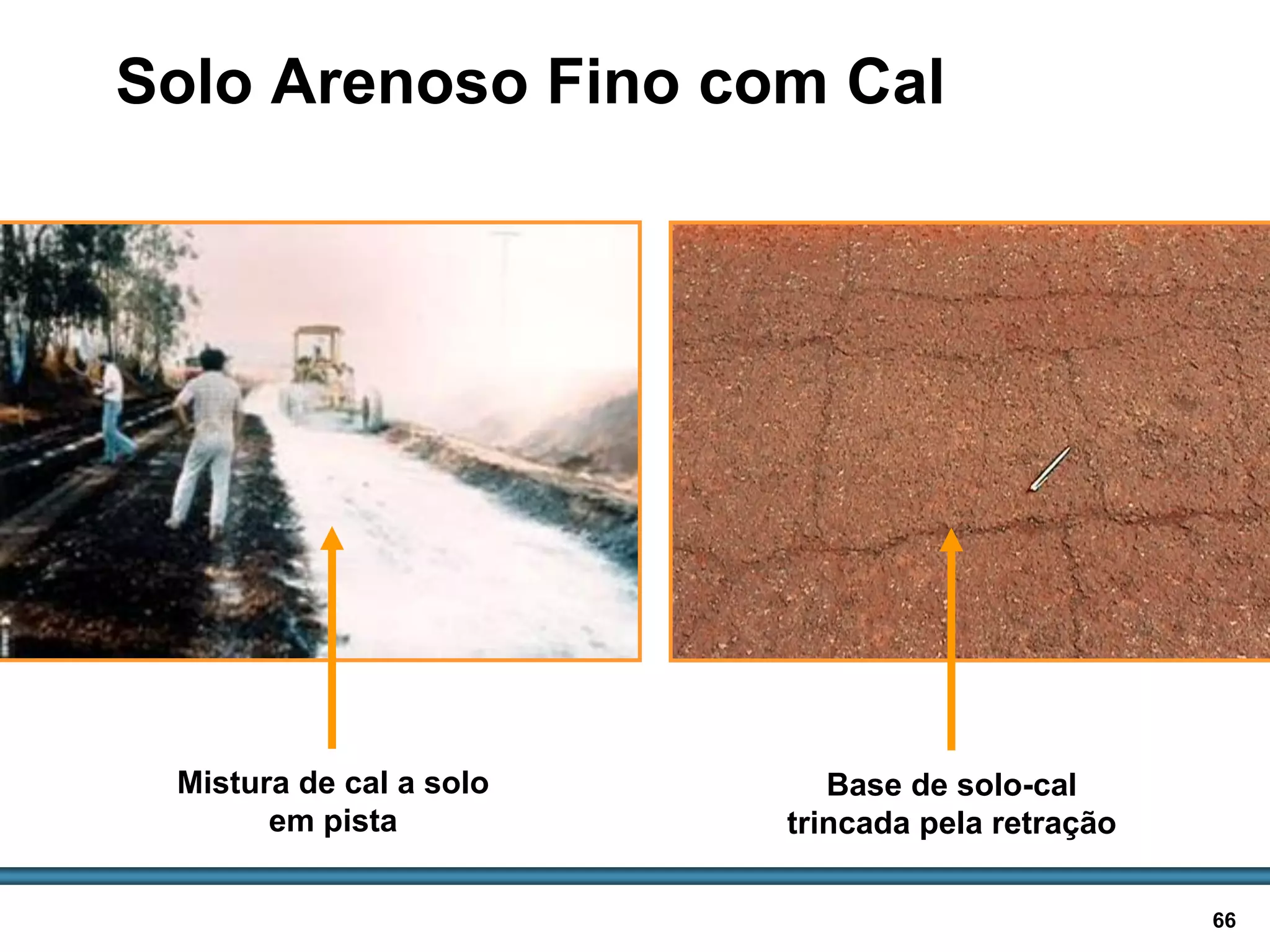 BASES E SUB-BASES / 66
Solo Arenoso Fino com Cal
Mistura de cal a solo
em pista
Base de solo-cal
trincada pela retração
 