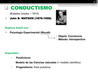 CONDUCTISMO
(Estados Unidos – 1913)
 John B. WATSON (1878-1958)
Ruptura (total) con:
 Psicología Experimental (Wundt)
• Objeto: Conciencia
• Método: Introspectivo
Supuestos:
• Positivismo
Modelo de las Ciencias naturales (= modelo científico)
• Pragmatismo: fines prácticos
3
 