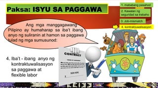 Ang mga manggagawang
Pilipino ay humaharap sa iba’t ibang
anyo ng suliranin at hamon sa paggawa
tulad ng mga sumusunod:
Paksa: ISYU SA PAGGAWA
4. Iba’t - ibang anyo ng
kontraktuwalisasyon
sa paggawa at
flexible labor
1. mababang pasahod
2. Kawalan ng
seguridad sa trabaho
3. Job-mismatch
4. kontraktuwalisasyon
 