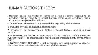HUMAN FACTORS THEORY
• Heinrich posed his model in terms of a single domino leading to an
accident. The premise here is that human errors cause accidents. These
errors are categorized broadly as:
• OVERLOAD - The work task is beyond the capability of the worker
1. Includes physical and psychological factors
2. Influenced by environmental factors, internal factors, and situational
factors
• INAPPROPRIATE WORKER RESPONSE - To hazards and safety measures
(worker’s fault) - To incompatible work station (management, environment
faults)
• INAPPROPRIATE ACTIVITIES - Lack of training and misjudgment of risk.But
the structure of this theory is still a cause/effect format.
 