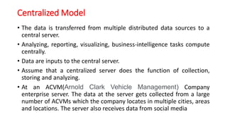Centralized Model
• The data is transferred from multiple distributed data sources to a
central server.
• Analyzing, reporting, visualizing, business-intelligence tasks compute
centrally.
• Data are inputs to the central server.
• Assume that a centralized server does the function of collection,
storing and analyzing.
• At an ACVM(Arnold Clark Vehicle Management) Company
enterprise server. The data at the server gets collected from a large
number of ACVMs which the company locates in multiple cities, areas
and locations. The server also receives data from social media
 