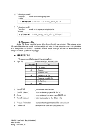 Modul Praktikum Sistem Operasi
Praktikum I
Ferry Mulyanto , ST
e) Perintah groupadd
Fungsinya : untuk menambah group baru
Syntax :
f) Perintah groupdel
Fungsinya : untuk menghapus group yang ada
Syntax :
1.2. Manajemen File
Setiap file linux memiliki status izin akses file (file permission). Maksudnya setiap
file memiliki informasi untuk mengatur siapa saja yang berhak untuk membaca, menjalankan
atau mengubah file tersebut. Tujuannya adalah untuk menjaga privasi file, keamanan serta
integritas sistem agar tidak terganggu.
a) ATRIBUT FILE
a. Tipe file
b. Jumlah link
e.
File mempunyai beberapa atribut, antara lain :
: menentukan tipe dari file, yaitu :
Karakter Arti
- File biasa
d Direktori
l Symbolic link
b Block special file
c Character special file
s Socket link
p FIFO
c. Pemilik (Owner) : menentukan siapa pemilik file ini
: menentukan group yang memiliki file ini
Jumlah karakter : menentukan ukuran file dalam byte
f. Waktu pembuatan : menentukan kapan file terakhir dimodifikasi
g. Nama file : menentukan nama file yang dimaksud
# groupadd [option...] nama_grup_baru
# groupdel nama_grup_yang_akan_dihapus
: jumlah link untuk file ini.
d. Group
 