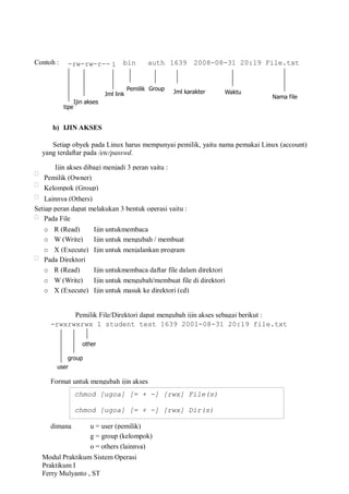 Modul Praktikum Sistem Operasi
Praktikum I
Ferry Mulyanto , ST
b) IJIN AKSES
Setiap obyek pada Linux harus mempunyai pemilik, yaitu nama pemakai Linux (account)
yang terdaftar pada /etc/passwd.
Contoh : -rw-rw-r-- 1 bin auth 1639 2008-08-31 20:19 File.txt
tipe
Ijin akses
Jml link
Pemilik Group
Jml karakter Waktu
Nama file
Ijin akses dibagi menjadi 3 peran yaitu :

Pemilik (Owner)

Kelompok (Group)
 Lainnya (Others)
Setiap peran dapat melakukan 3 bentuk operasi yaitu :
 Pada File
o R (Read) Ijin untukmembaca
o W (Write) Ijin untuk mengubah / membuat
o X (Execute) Ijin untuk menjalankan program
 Pada Direktori
o R (Read) Ijin untukmembaca daftar file dalam direktori
o W (Write) Ijin untuk mengubah/membuat file di direktori
o X (Execute) Ijin untuk masuk ke direktori (cd)
Pemilik File/Direktori dapat mengubah ijin akses sebagai berikut :
-rwxrwxrwx 1 student test 1639 2001-08-31 20:19 file.txt
Format untuk mengubah ijin akses
dimana u = user (pemilik)
g = group (kelompok)
o = others (lainnya)
user
group
other
chmod [ugoa] [= + -] [rwx] File(s)
chmod [ugoa] [= + -] [rwx] Dir(s)
 
