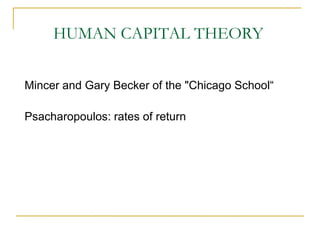 HUMAN CAPITAL THEORY
Mincer and Gary Becker of the "Chicago School“
Psacharopoulos: rates of return
 