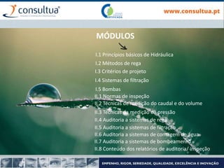 MÓDULOS
I.1 Princípios básicos de Hidráulica
I.2 Métodos de rega
I.3 Critérios de projeto
I.4 Sistemas de filtração
I.5 Bombas
II.1 Normas de inspeção
II.2 Técnicas de medição do caudal e do volume
II.3 Técnicas da medição da pressão
II.4 Auditoria a sistemas de rega
II.5 Auditoria a sistemas de filtração
II.6 Auditoria a sistemas de contagem de água
II.7 Auditoria a sistemas de bombeamento
II.8 Conteúdo dos relatórios de auditoria/ inspeção
 