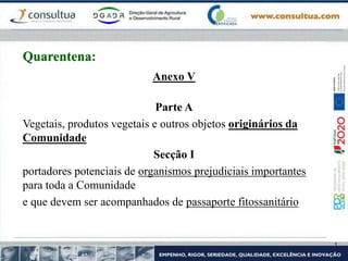 Anexo V
Parte A
Vegetais, produtos vegetais e outros objetos originários da
Comunidade
Secção I
portadores potenciais de organismos prejudiciais importantes
para toda a Comunidade
e que devem ser acompanhados de passaporte fitossanitário
Quarentena:
 