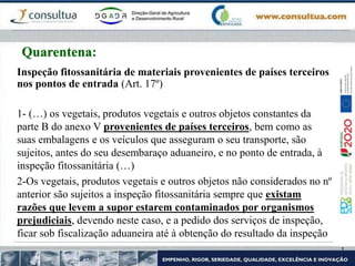 Inspeção fitossanitária de materiais provenientes de países terceiros
nos pontos de entrada (Art. 17º)
1- (…) os vegetais, produtos vegetais e outros objetos constantes da
parte B do anexo V provenientes de países terceiros, bem como as
suas embalagens e os veículos que asseguram o seu transporte, são
sujeitos, antes do seu desembaraço aduaneiro, e no ponto de entrada, à
inspeção fitossanitária (…)
2-Os vegetais, produtos vegetais e outros objetos não considerados no nº
anterior são sujeitos a inspeção fitossanitária sempre que existam
razões que levem a supor estarem contaminados por organismos
prejudiciais, devendo neste caso, e a pedido dos serviços de inspeção,
ficar sob fiscalização aduaneira até à obtenção do resultado da inspeção
Quarentena:
 