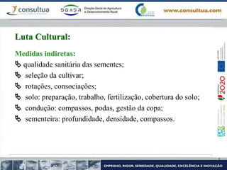 Medidas indiretas:
 qualidade sanitária das sementes;
 seleção da cultivar;
 rotações, consociações;
 solo: preparação, trabalho, fertilização, cobertura do solo;
 condução: compassos, podas, gestão da copa;
 sementeira: profundidade, densidade, compassos.
Luta Cultural:
 