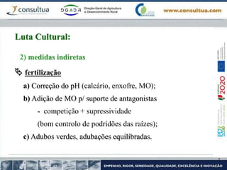 2) medidas indiretas
 fertilização
a) Correção do pH (calcário, enxofre, MO);
b) Adição de MO p/ suporte de antagonistas
- competição + supressividade
(bom controlo de podridões das raízes);
c) Adubos verdes, adubações equilibradas.
Luta Cultural:
 