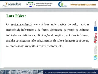 Os meios mecânicos contemplam mobilizações do solo, mondas
manuais de infestantes e de frutos, destruição de restos de culturas
infetadas ou infestadas, eliminação de órgãos ou frutos infetados,
apanha de insetos à mão, alagamentos de solo e lavagem de árvores,
a colocação de armadilhas contra roedores, etc.
Luta Física:
 