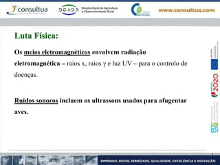 Os meios eletromagnéticos envolvem radiação
eletromagnética – raios x, raios γ e luz UV – para o controlo de
doenças.
Ruídos sonoros incluem os ultrassons usados para afugentar
aves.
Luta Física:
 
