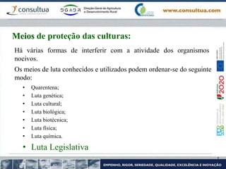 • Quarentena;
• Luta genética;
• Luta cultural;
• Luta biológica;
• Luta biotécnica;
• Luta física;
• Luta química.
• Luta Legislativa
Meios de proteção das culturas:
Há várias formas de interferir com a atividade dos organismos
nocivos.
Os meios de luta conhecidos e utilizados podem ordenar-se do seguinte
modo:
 