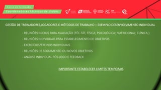 C u r s o d e f o r m a ç ã o
Coordenadores técnicos de clubes
- REUNIÕES INICIAIS PARA AVALIAÇÃO (TÉC-TÁT; FÍSICA; PSICOLÓGICA; NUTRICIONAL; CLÍNICA;)
- REUNIÕES INDIVIDUAIS PARA ESTABELECIMENTO DE OBJETIVOS
- EXERCÍCIOS/TREINOS INDIVIDUAIS
- REUNIÕES DE SEGUIMENTO OU NOVOS OBJETIVOS
- ANÁLISE INDIVIDUAL PÓS-JOGO E FEEDBACK
IMPORTANTE ESTABELECER LIMITES TEMPORAIS
GESTÃO DE TREINADORES,JOGADORES E MÉTODOS DE TRABALHO – EXEMPLO DESENVOLVIMENTO INDIVIDUAL
 