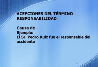 ACEPCIONES DEL TÉRMINO RESPONSABILIDAD Causa de  Ejemplo: El Sr. Pedro Ruiz fue el responsable del accidente 