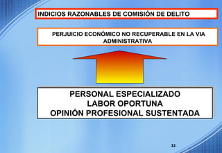PERSONAL ESPECIALIZADO LABOR OPORTUNA OPINIÓN PROFESIONAL SUSTENTADA INDICIOS RAZONABLES DE COMISIÓN DE DELITO PERJUICIO ECONÓMICO NO RECUPERABLE EN LA VIA ADMINISTRATIVA 