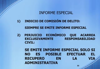 INFORME ESPECIAL 1) INDICIO DE COMISIÓN DE DELITO:  SIEMPRE SE EMITE INFORME ESPECIAL 2) PERJUICIO ECONÓMICO QUE ACARREA EXCLUSIVAMENTE RESPONSABILIDAD CIVIL: SE EMITE INFORME ESPECIAL SOLO SI NO ES POSIBLE EFECTUAR EL RECUPERO EN LA VIA ADMINISTRATIVA 