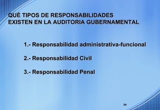 1.- Responsabilidad administrativa-funcional 2.- Responsabilidad Civil 3.- Responsabilidad Penal QUÉ TIPOS DE RESPONSABILIDADES  EXISTEN EN LA AUDITORIA GUBERNAMENTAL 