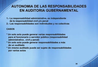 1.- La responsabilidad administrativa, es independiente de la responsabilidad civil y/o penal 2.- Las responsabilidades son individuales y no colectivas CASOS * Un solo acto puede generar varias responsabilidades para el funcionario o servidor público (responsabilidad  administrativa , civil y penal) * Un solo acto puede generar responsabilidades a más  de un auditado * Un mismo auditado puede ser sujeto de responsabilidades por varios actos AUTONOMIA DE LAS RESPONSABILIDADES EN AUDITORIA GUBERNAMENTAL 