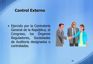 Control Externo Ejercido por la Contraloría General de la República, el Congreso, los Órganos Reguladores, Sociedades de Auditoria designadas o contratadas. 