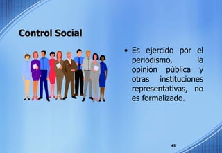 Control Social Es ejercido por el periodismo, la opinión pública y otras instituciones representativas, no es formalizado. 