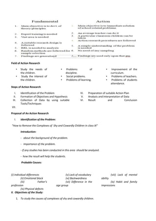 Field of Action Research
• Study the needs of
the children.
• Study the interest of
the children.
• Problems of
discipline.
• Social problems.
• Problems of learning.
• Improvement of the
curriculum.
• Problems of teachers.
• Problems of students
attendance.
Steps of Action Research
I. Identification of the Problem
II. Formation of Objectives and Hypothesis
III. Collection of Data by using suitable
Tools/Techniques
IV. Preparation of suitable Action Plan
V. Analysis and Interpretation of Data
VI. Result and Conclusion
VII.
Proposal of An Action Research
I. Identification of the Problem:
“How to Remove the Complexes of Shy and Cowardly Children in class IX”
Introduction:
- about the background of the problem.
- Importance of the problem.
- If any studies has been conducted in this area should be analyzed.
- how the result will help the students.
Probable Causes:
(i) Individual differences
(ii) Emotional block
(iii) Father’s
profession
(iv) Physical defects
(v) Lack of vocabulary
(vi) Backwardness
(vii) Difference in the
age group
(viii) Lack of mental
ability
(ix) Habit and family
impressions
II. Objectives of the Study:
1. To study the causes of complexes of shy and cowardly children.
 