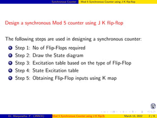 Synchronous Counter Mod 5 Synchronous Counter using J K flip-flop
Design a synchronous Mod 5 counter using J K flip-flop
The following steps are used in designing a synchronous counter:
1 Step 1: No of Flip-Flops required
2 Step 2: Draw the State diagram
3 Step 3: Excitation table based on the type of Flip-Flop
4 Step 4: State Excitation table
5 Step 5: Obtaining Flip-Flop inputs using K map
Dr. Manjunatha. P (JNNCE) Mod 5 Synchronous Counter using J K flip-flop March 13, 2022 2 / 9
 