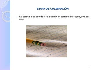 ETAPA DE CULMINACIÓN 
 Se solicita a los estudiantes diseñar un borrador de su proyecto de 
vida. 
9 
 