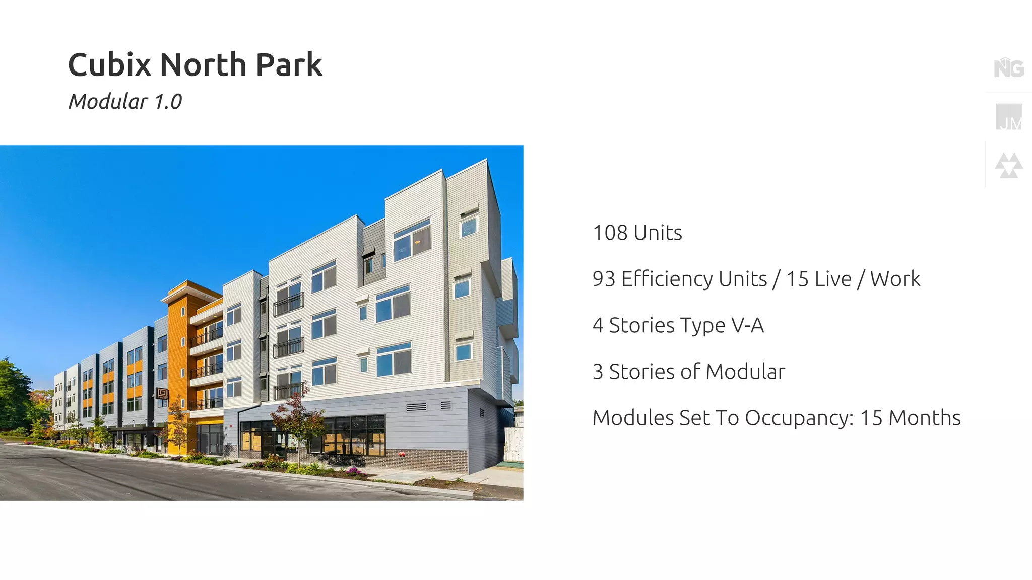 Cubix North Park
Modular 1.0
108 Units
93 Efficiency Units / 15 Live / Work
4 Stories Type V-A
3 Stories of Modular
Modules Set To Occupancy: 15 Months
 